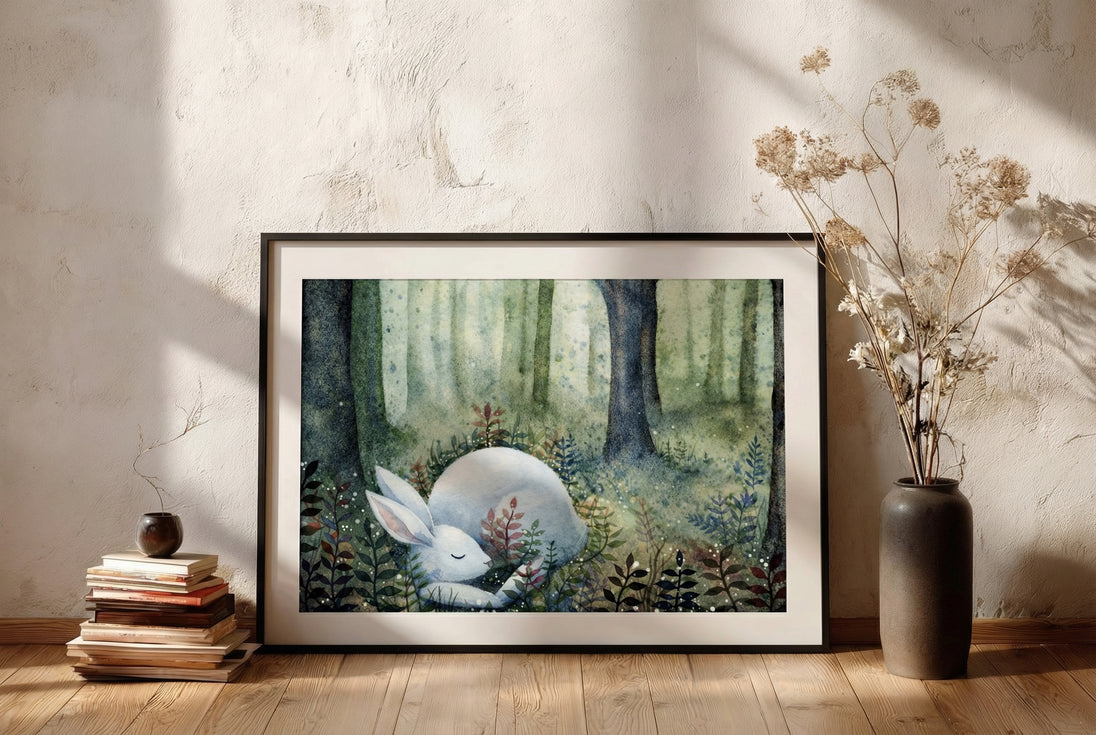 dromerige aquarel illustratie van konijn in een rustig boslandschap in lijst 2