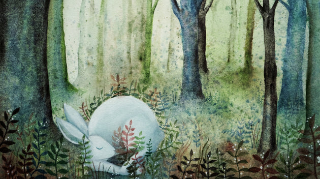 dromerige aquarel illustratie van konijn in een rustig boslandschap