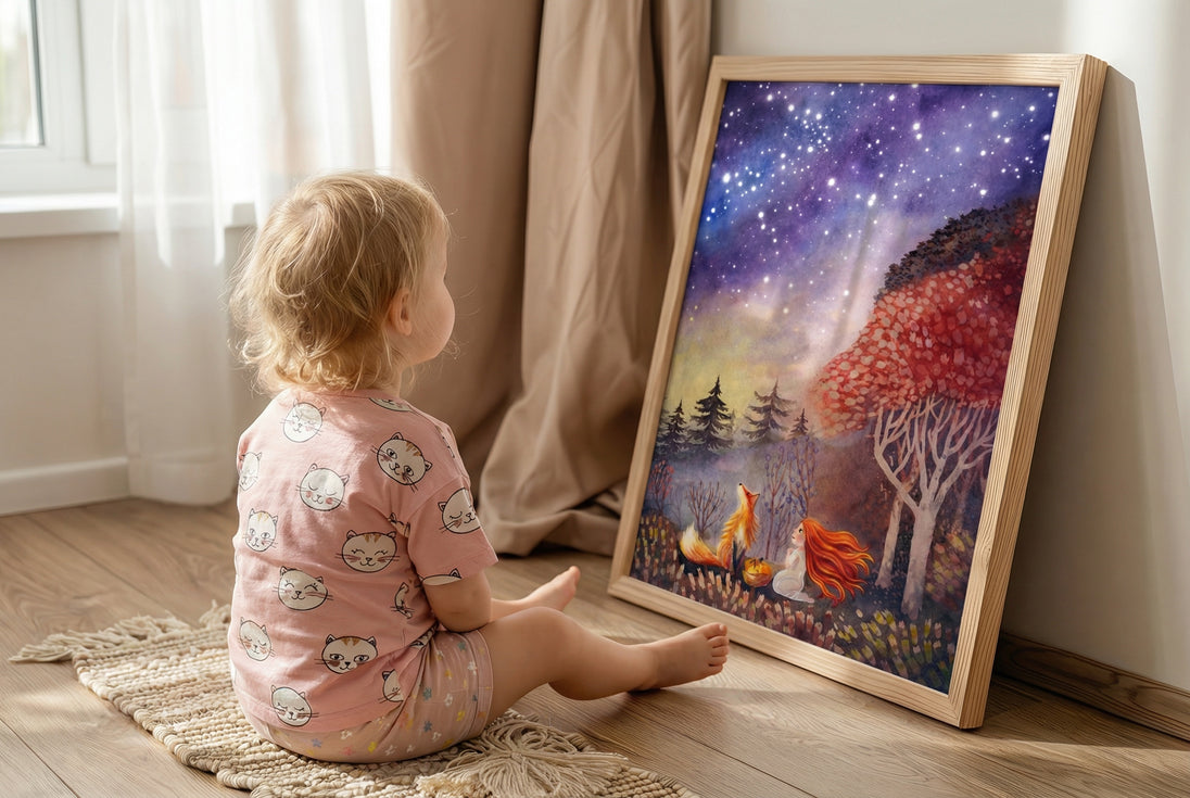 aquarel illustratie van vos onder sterrenhemel met dromerige sfeer in lijst